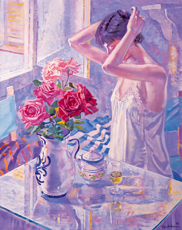 Vino y rosas oleo sobre lienzo 92x73 cm